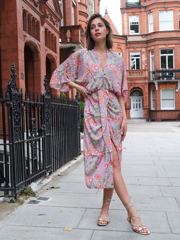 Denise- twist wrap midi dress with front split in pink daisy