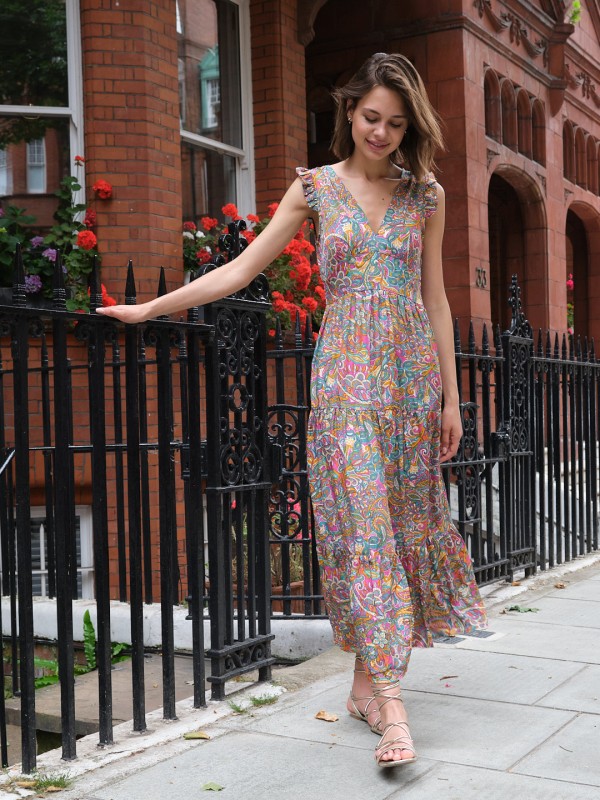 Shiloh -Tiered Smock Maxi Dress Summer garden In pink and green
