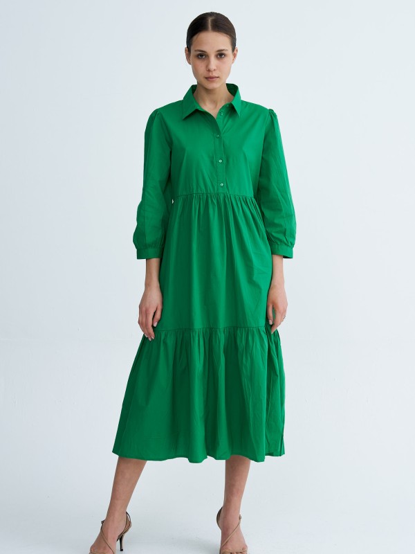 Chiara - tiered  cotton midi shirt dress in green