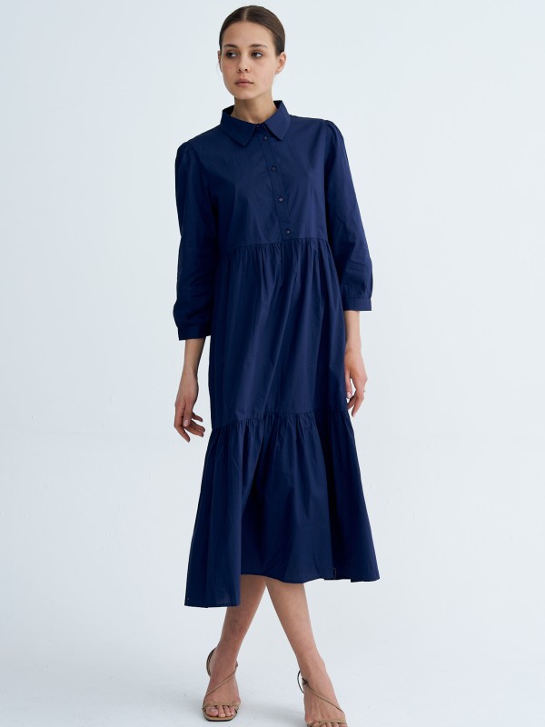 Chiara -tiered cotton midi shirt dress in navy