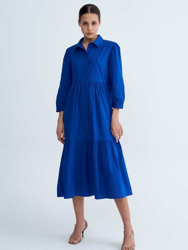 Chiara - tiered cotton midi shirt dress in blue
