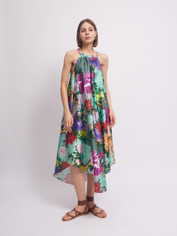 Holly -Gathered floral Satin halterneck midi dress in aqua