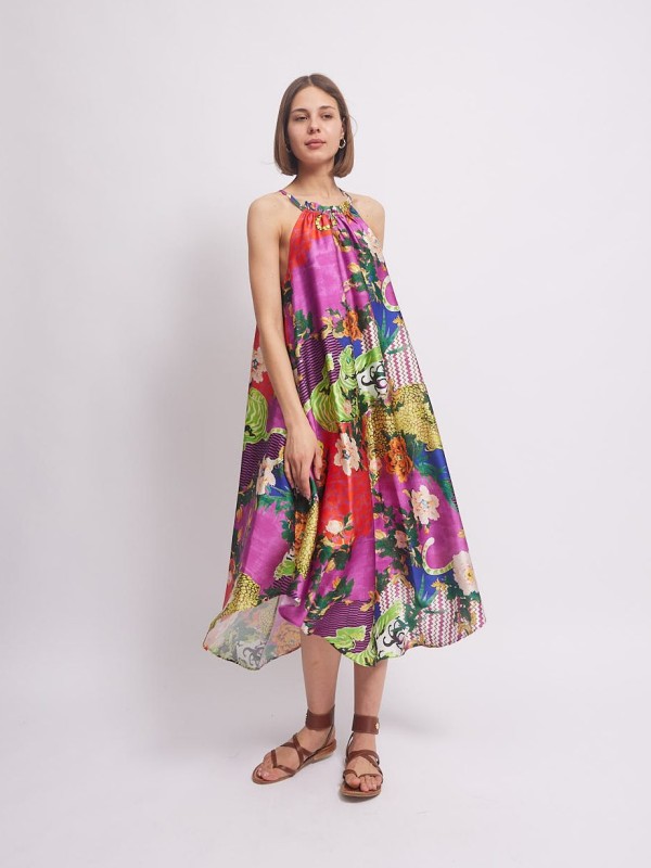 Holly -Gathered floral Satin halterneck midi dress in pink