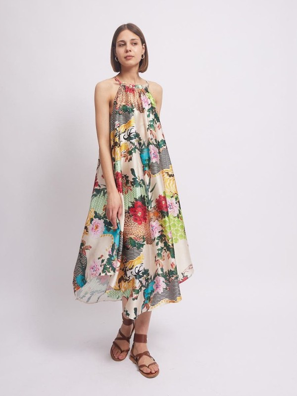 Holly -Gathered floral Satin halterneck midi dress in cream