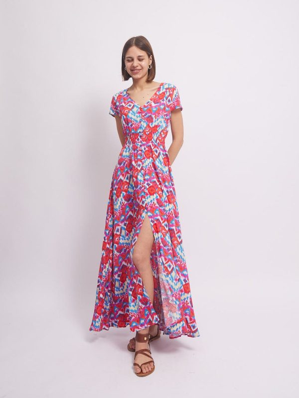 Sofia - Floral Print Viscose Maxi dress In pink and red Mosaic