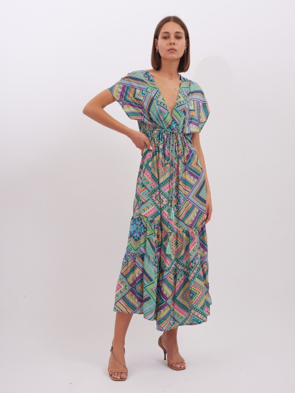 Layla -Tiered Smock Maxi Dress in blue and green aztec