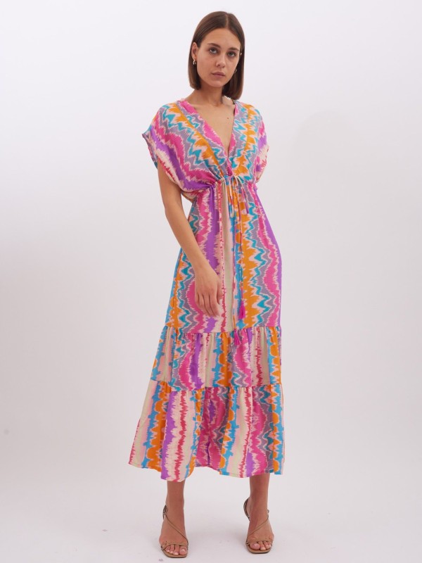 Layla -Tiered Smock Maxi Dress in pink and orange waves