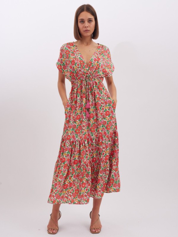 Layla -Tiered Smock Maxi Dress in pink and orange floral