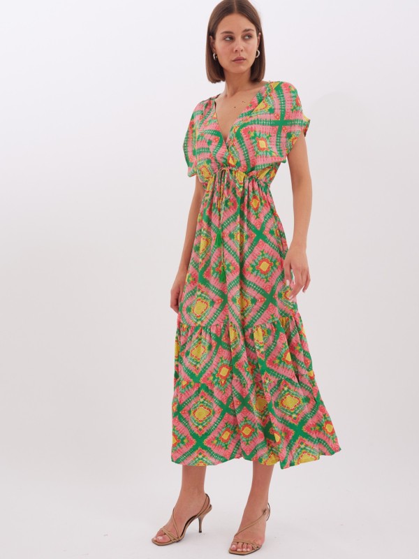 Layla -Tiered Smock Maxi Dress in yellow and green aztec