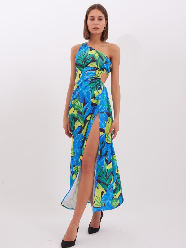 Venus - Cut Out One shoulder Midi Dress In Blue Tropical