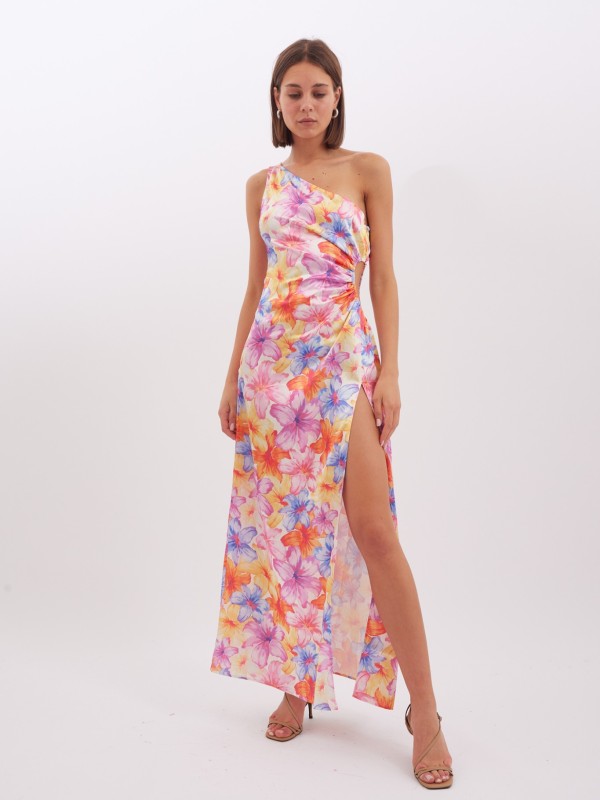 Venus - Cut Out One shoulder Midi Dress In Pink Floral