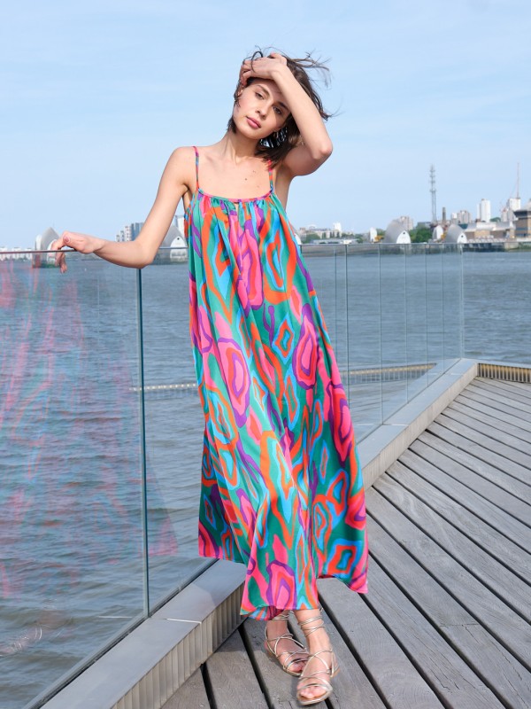 Hannah - Strappy  Satin  maxi dress aztec pink and blue