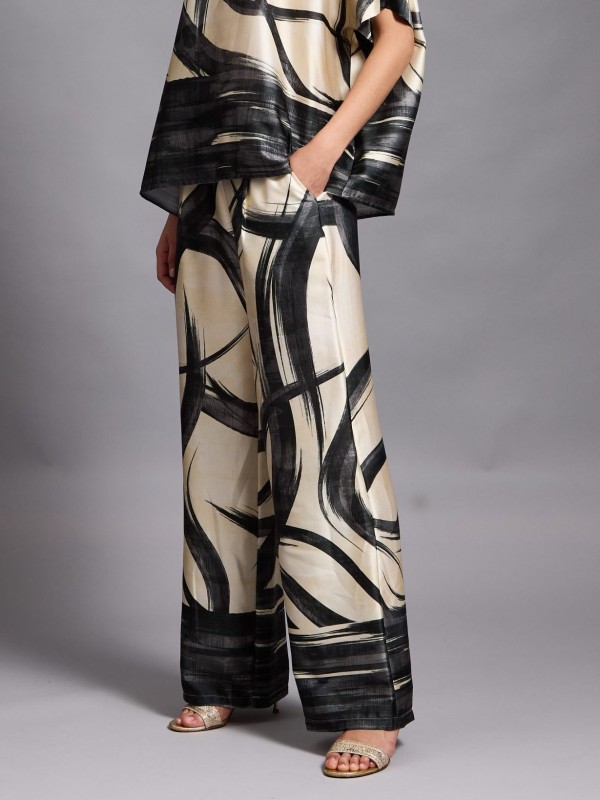 Tatum - Satin Tapered Pants abstract in cream and black