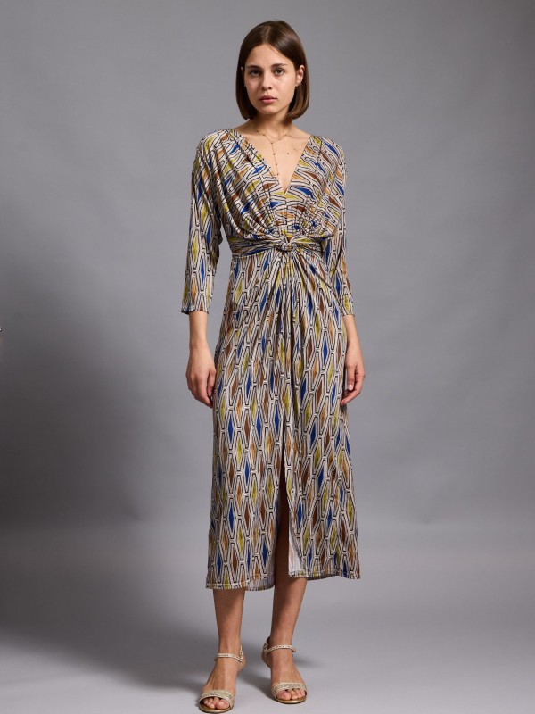 Leona - twist wrap waist midi dress with front split in blue diamond