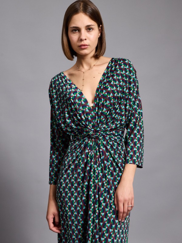 Leona - twist wrap waist midi dress with front split in blue mosaic