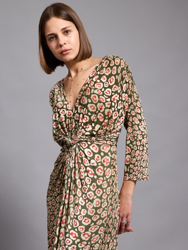 Leona - twist wrap waist midi dress with front split in khaki leopard