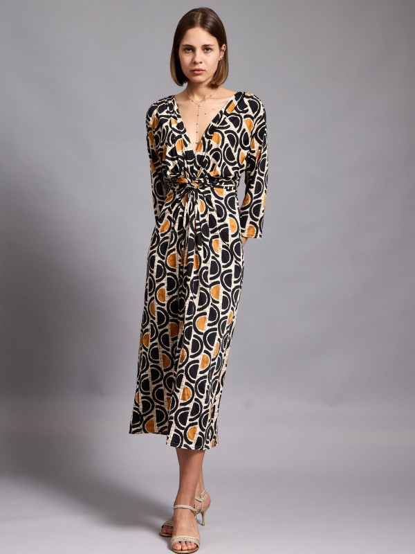 Leona - twist wrap waist midi dress with front split in black and mustard circles