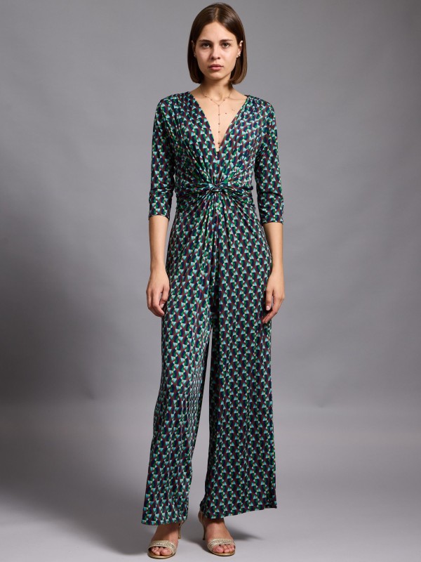 Marla - Twist wrap Jumpsuit Mosaic In Navy And Green