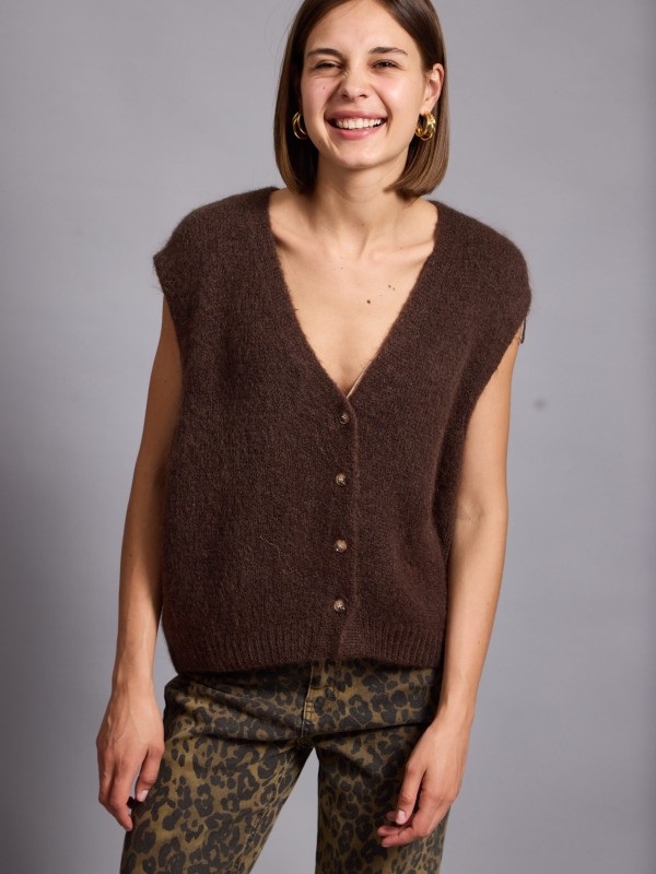 Nicole - Knitted Button Detail Vest In Brown