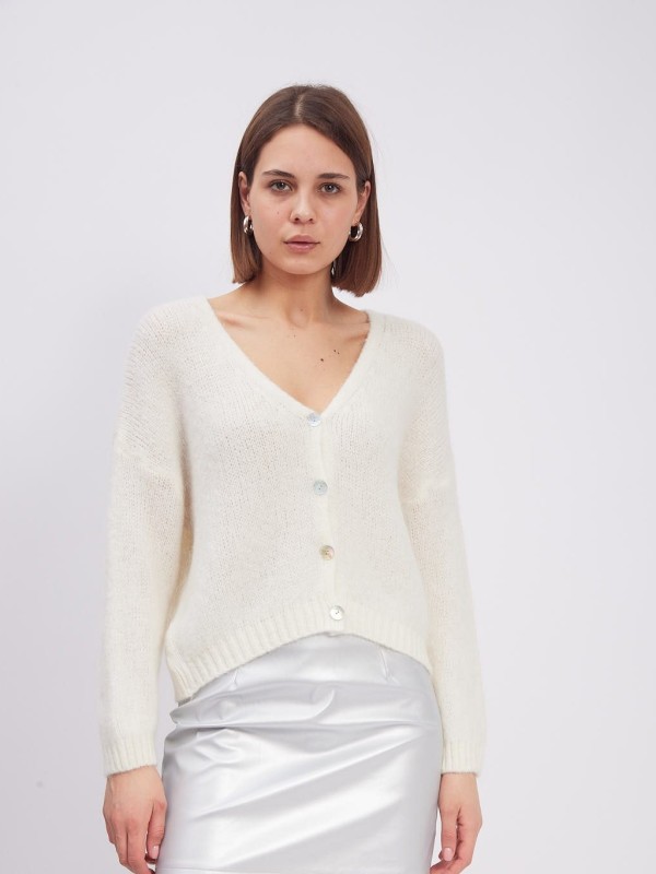 Nella- button-embellished ribbed-knit cardigan in ECRU