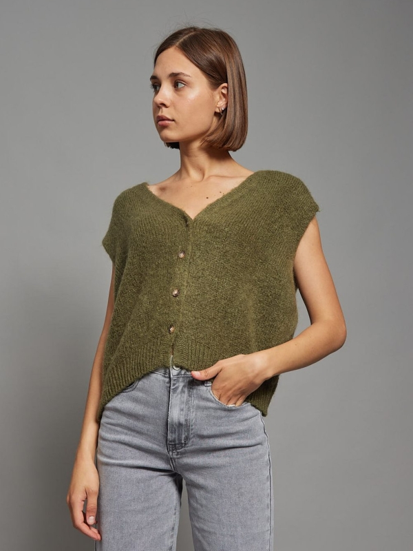 Nicole - Knitted Button Detail Vest In khaki