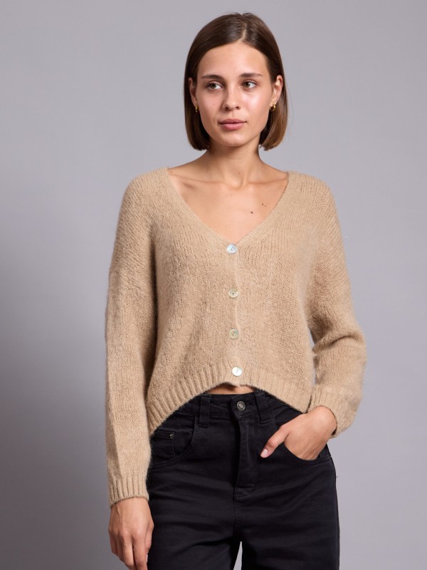 Nella- button embellished ribbed knit cardigan in CAMEL