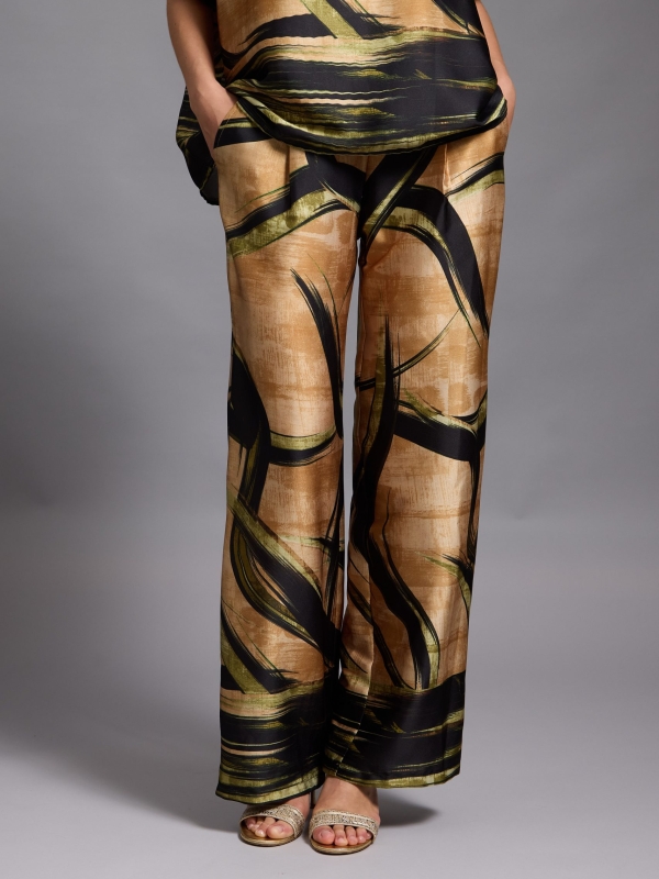 Tatum - Satin Tapered Pants abstract in camel and black