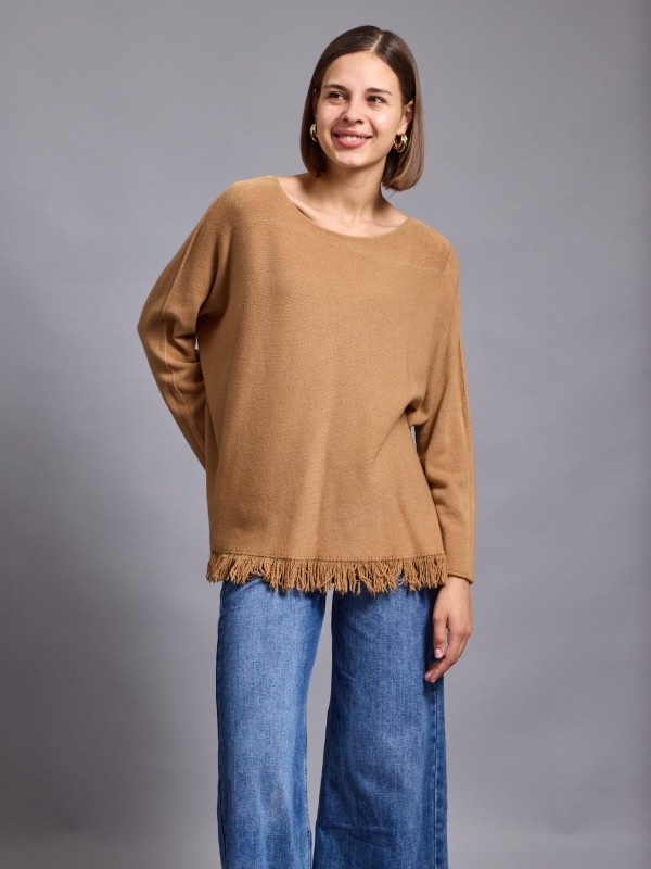 Sasha - Fringed Viscose Blend Sweater In Camel