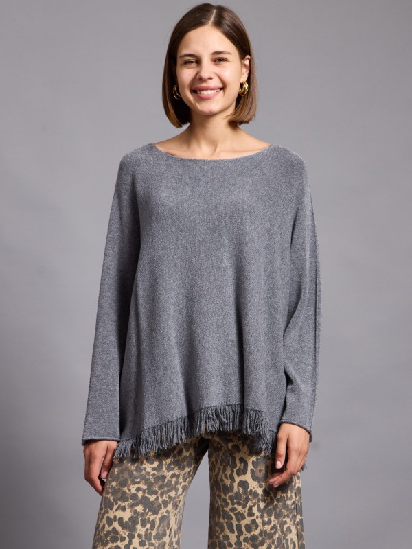 Sasha - Fringed Viscose Blend Sweater In Grey
