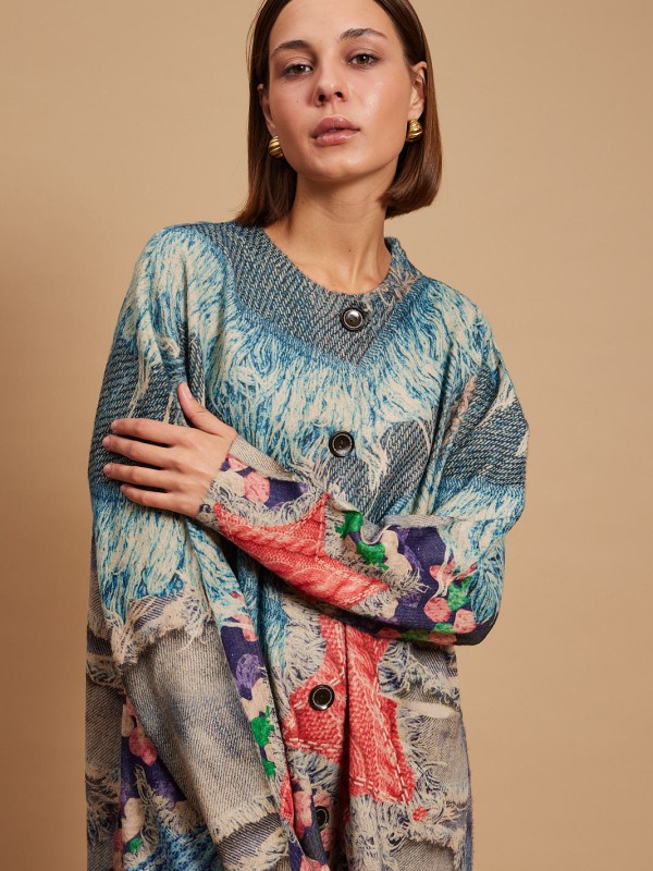 Noor  - Oversized Printed  Cardigan In Blue