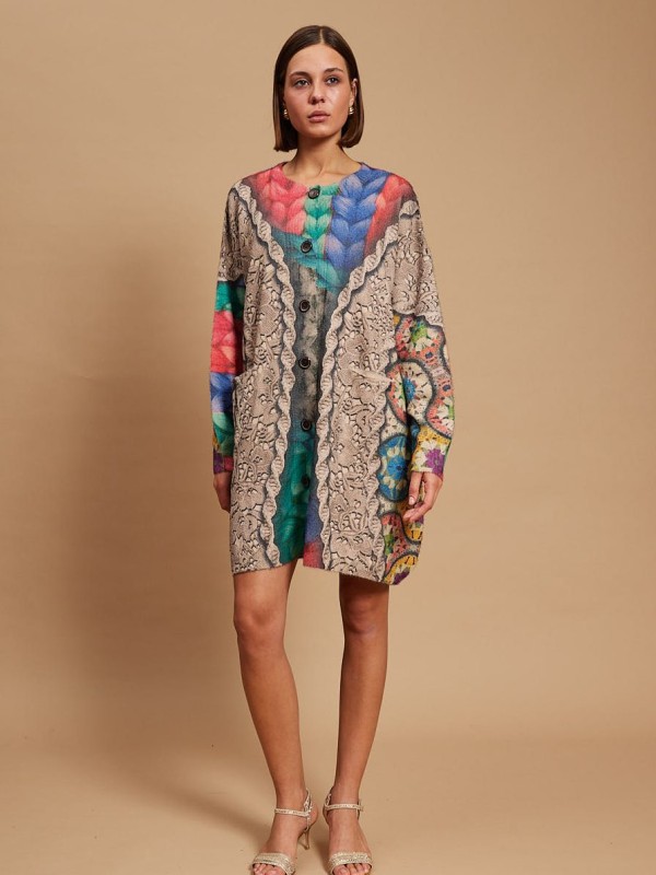 Noor  - Oversized Printed  Cardigan In Taupe