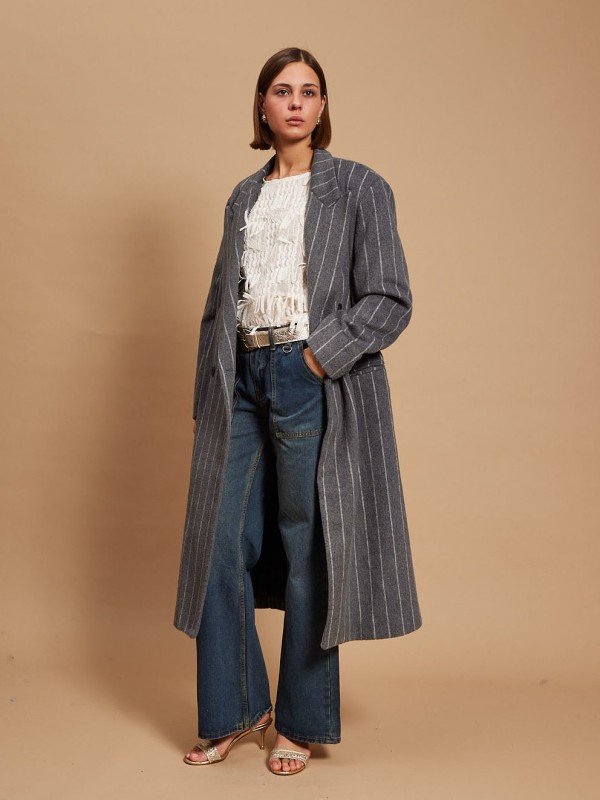 Harper- wool-blend double-breasted coat in grey