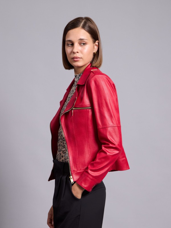 Emma- Cropped Faux Leather Jacket In Red