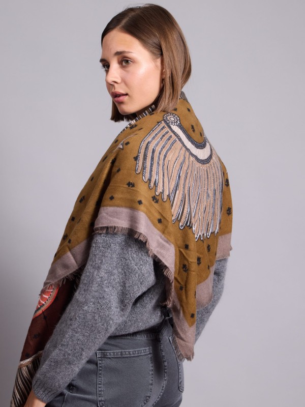 Veronica - large wool blend printed scarf in BROWN