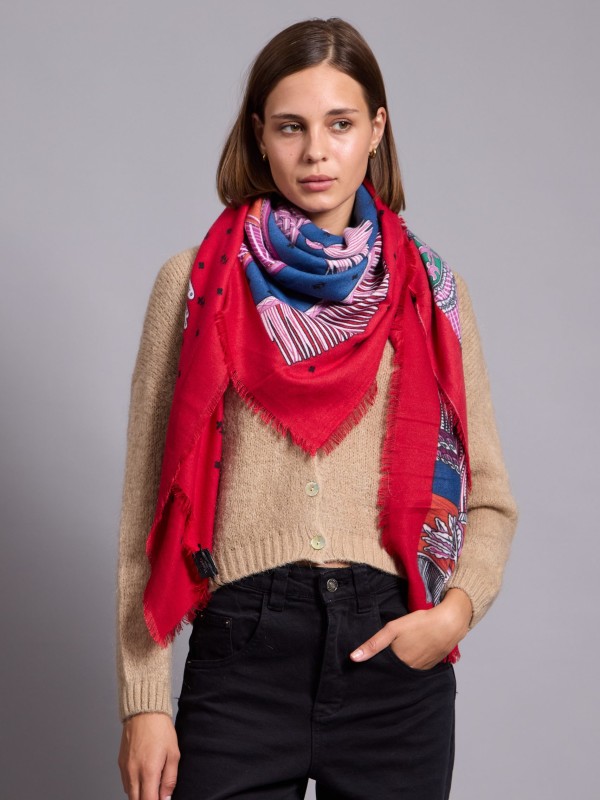 Veronica - large wool blend printed scarf in red
