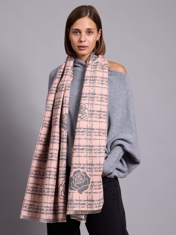 Viola- large wool blend  scarf in pink and grey