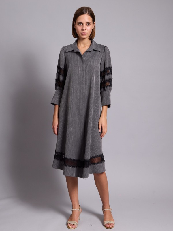 Gloria- Pinstripe Lace Embellished Midi Shirt Dress In grey