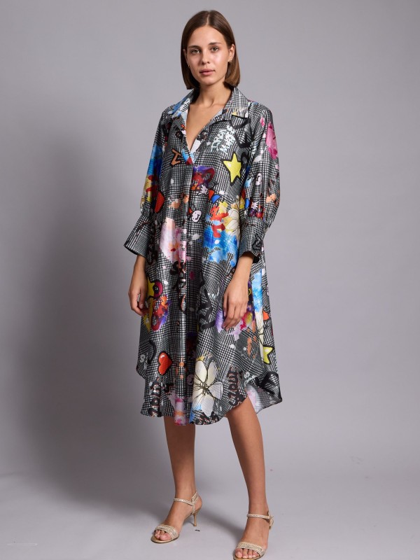Ramona - Printed Oversized Midi Shirt Dress In grey