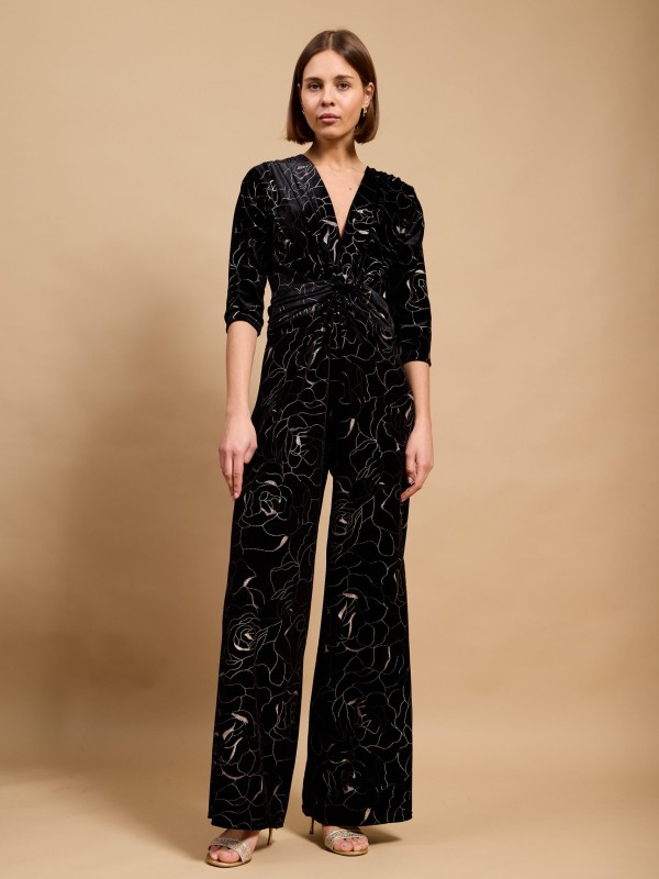 Marla - Twist wrap Velvet Jumpsuit In Black and Gold