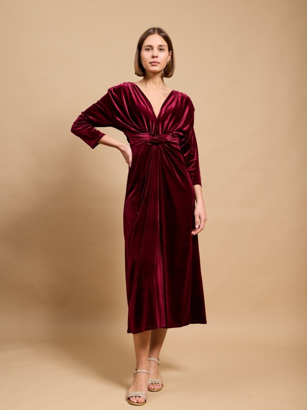 Leona - twist wrap waist midi velvet dress in burgundy
