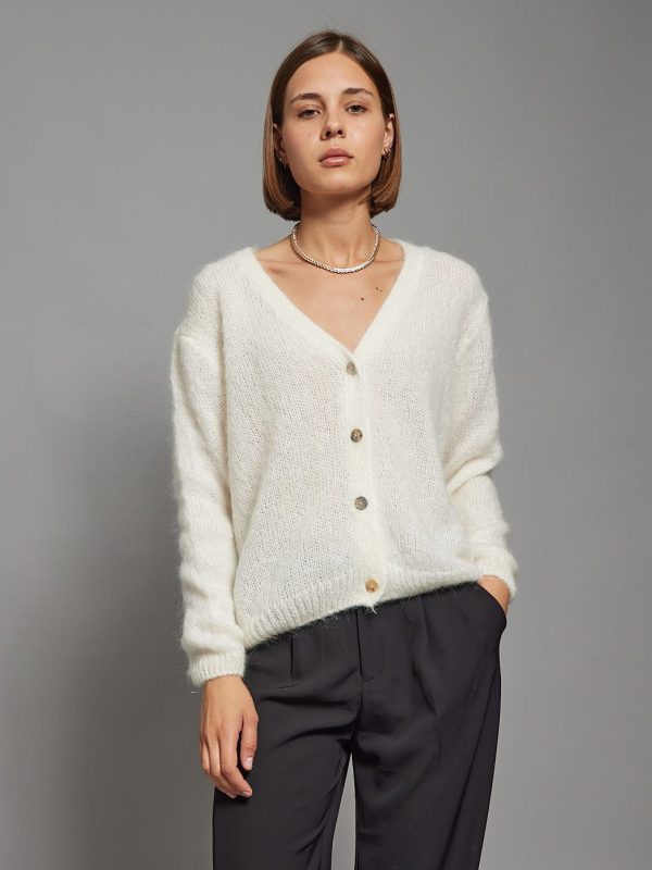 Lexi - button embellished ribbed knit cardigan in white