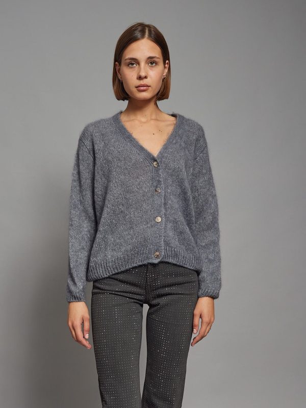 Lexi - button embellished ribbed knit cardigan in grey