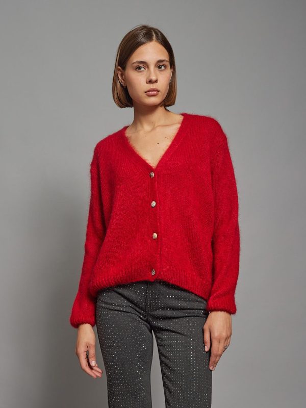 Lexi - button embellished ribbed knit cardigan in red