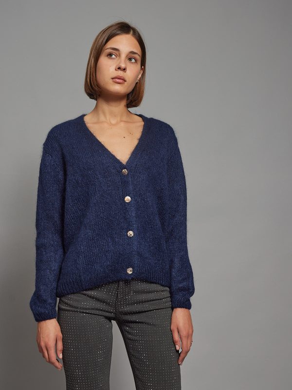 Lexi - button embellished ribbed knit cardigan in NAVY