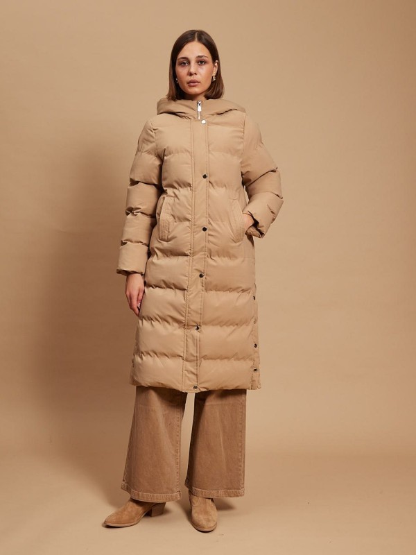 Amy - Hooded padded puffer coat in tan
