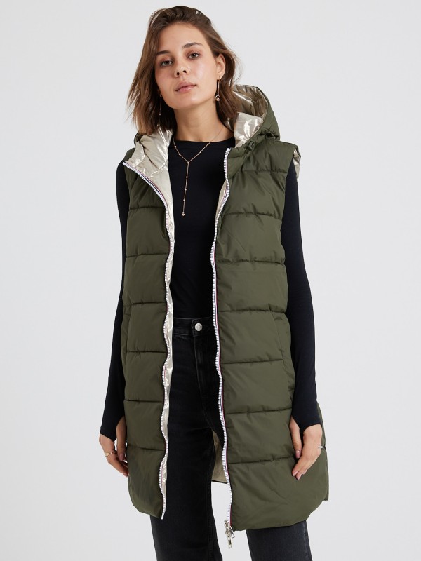 Genna - Puffer Gilet In Glossy Khaki And Gold