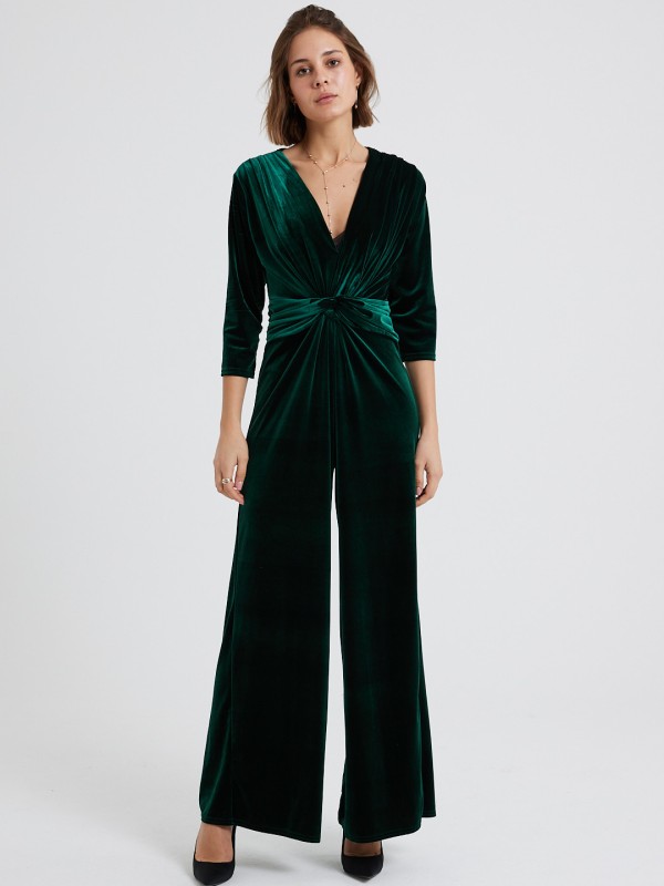 Marla - Twist wrap Velvet Jumpsuit In Green