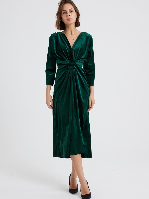 Leona - twist wrap waist midi velvet dress in green