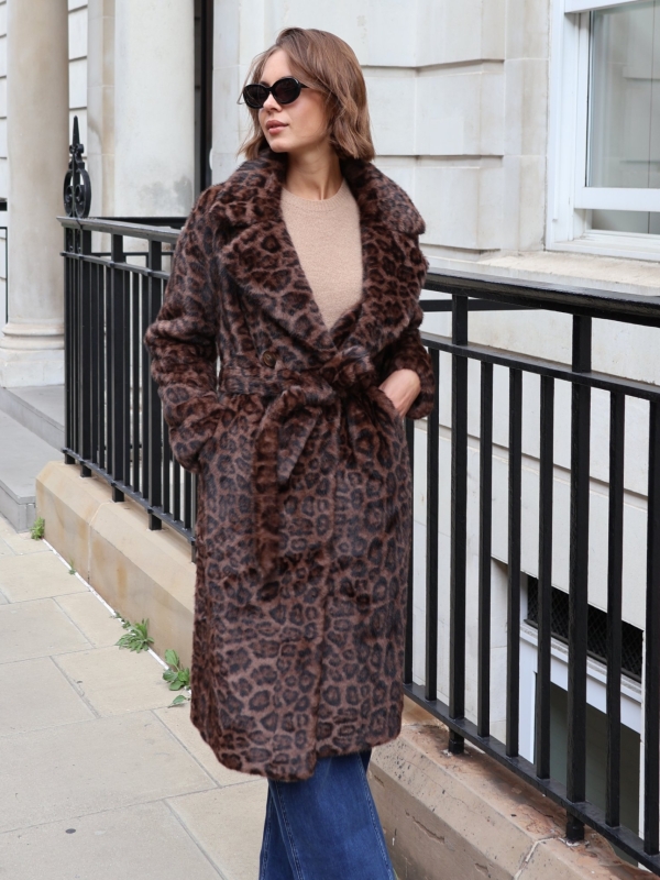Kelly- Faux Fur Coat Leopard Print In Brown