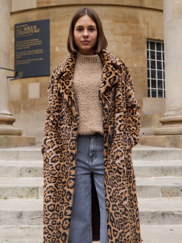 Kelly- Faux Fur Coat Leopard Print In Camel